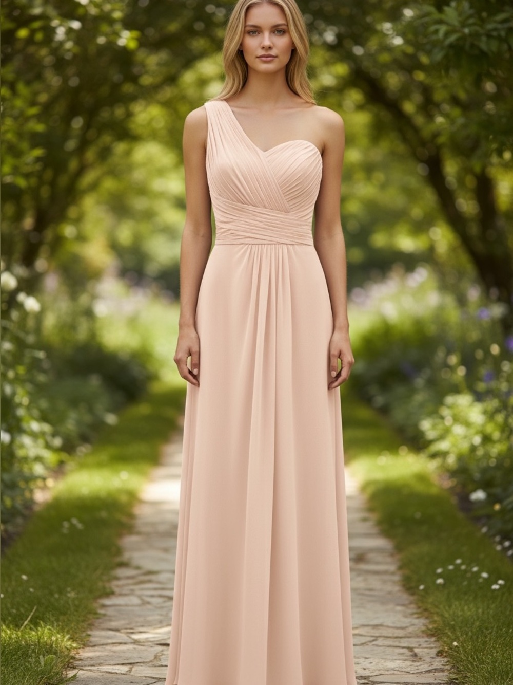 Blush One-Shoulder Pleated Evening Dress